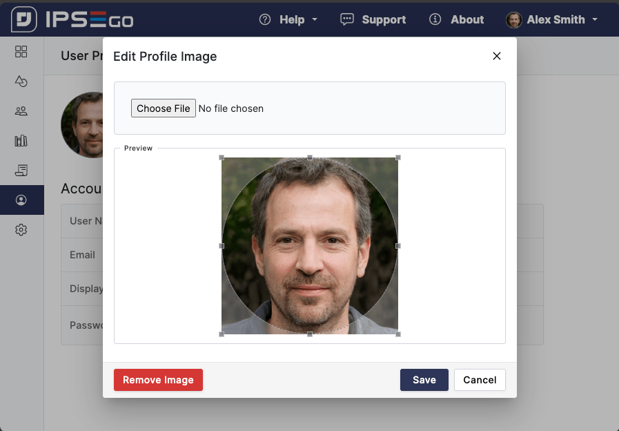 Users can now save a profile image. Edit Profile Image